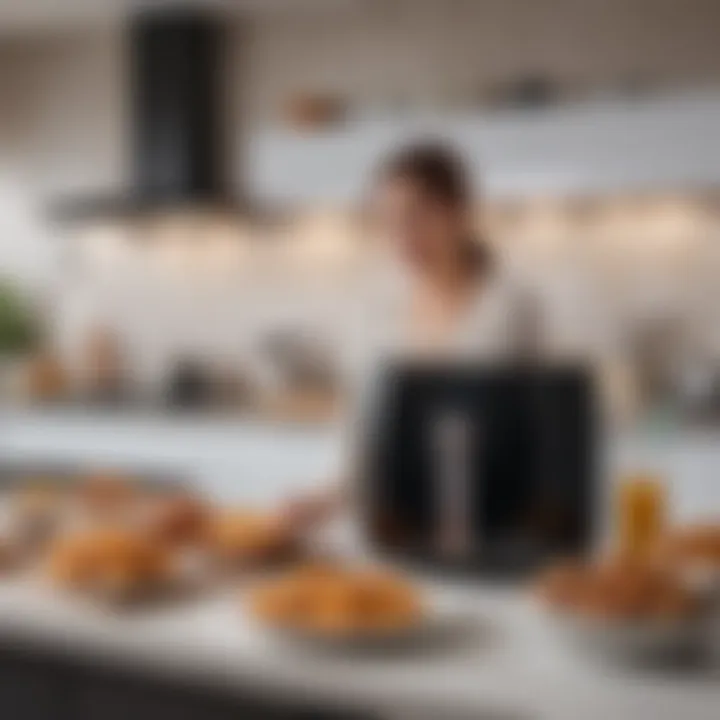 A user enjoying the Airfryer XXL Arçelik in a modern kitchen setting.