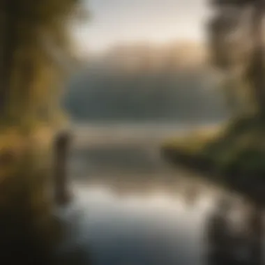 An angler casting a line into a serene lake at dawn.