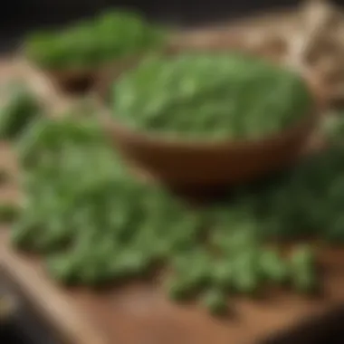 A close-up of fresh ingredients for fava, including green peas and herbs