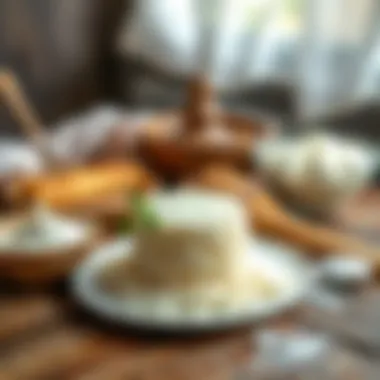 Ingredients for Arda Revani including semolina, yogurt, and sugar laid out on a rustic wooden table