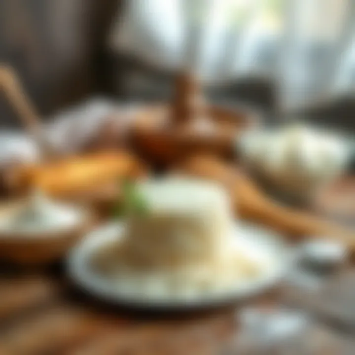 Ingredients for Arda Revani including semolina, yogurt, and sugar laid out on a rustic wooden table