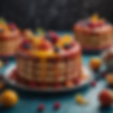 An artistic arrangement of cakes and pastries enhanced with food dyes.