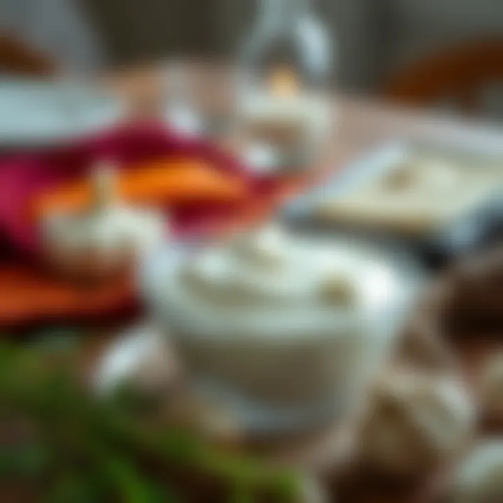 Artistic Garlic Yogurt Presentation A creative presentation of garlic yogurt on a dining table