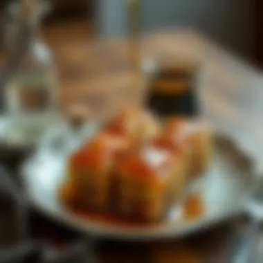 A plate of traditional baklava drizzled with honey