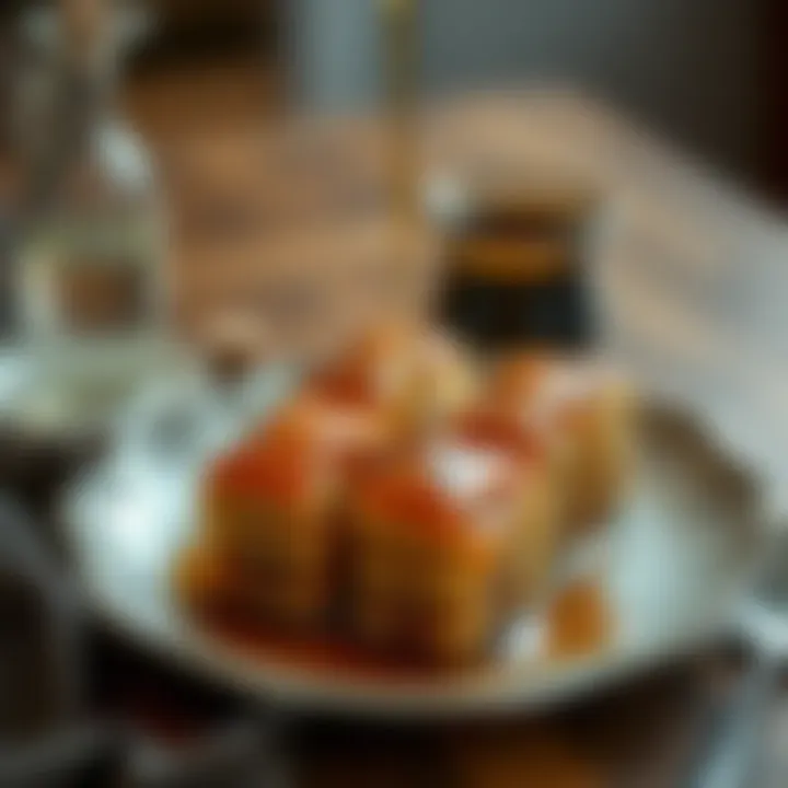 A plate of traditional baklava drizzled with honey