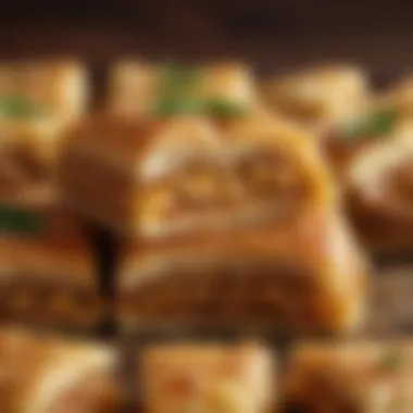 A close-up of the golden layers of baklava, showcasing its flaky texture.