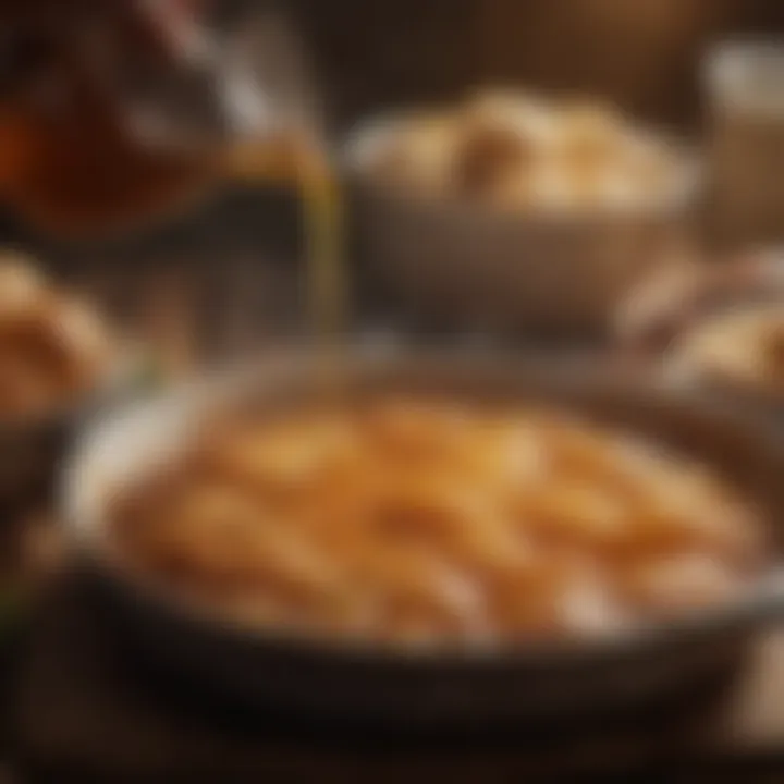 A pot simmering with syrup, glistening in the light.