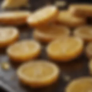 A close-up of ginger slices coated in honey