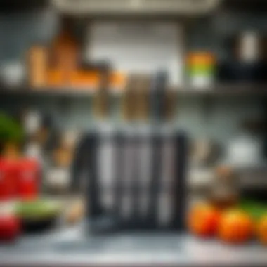 Knife set organized in a professional kitchen environment.