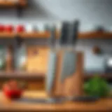 Quality knife set displayed on a wooden kitchen counter.