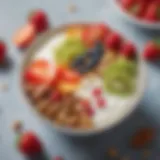 A bowl filled with creamy yogurt topped with fresh fruits and nuts