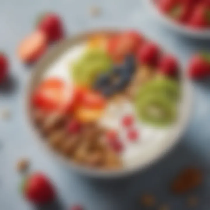 A bowl filled with creamy yogurt topped with fresh fruits and nuts