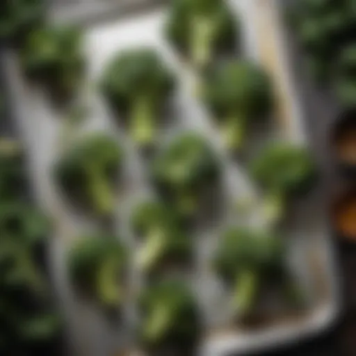 Fresh broccoli arranged on a baking sheet with seasonings