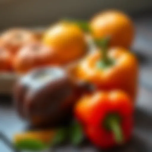 Visual representation of vitamin C-rich foods like oranges and bell peppers