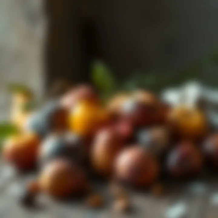 Artistic Arrangement of Stone Fruits An artistic arrangement of stone fruits on a rustic table.