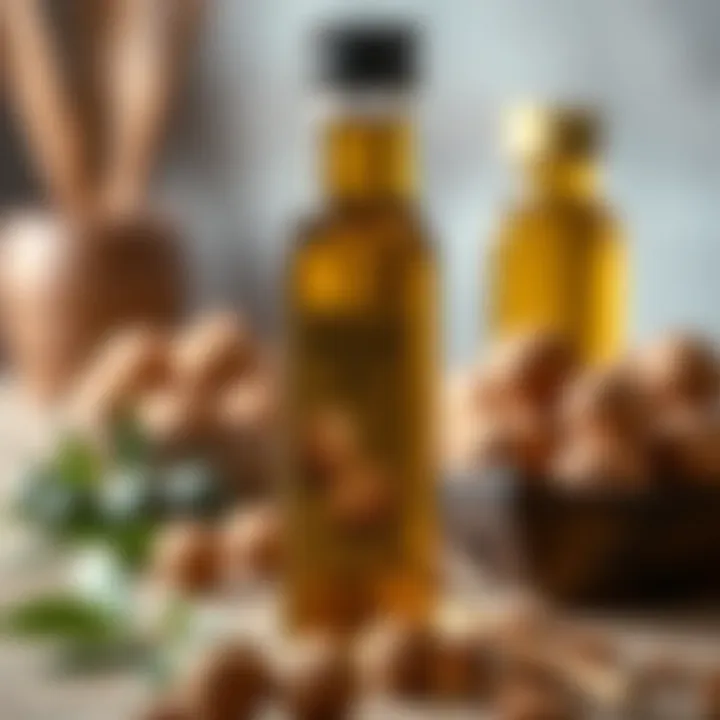 Close-up of walnut oil bottle with marketing label