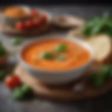 A vibrant bowl of creamy tomato soup garnished with fresh basil