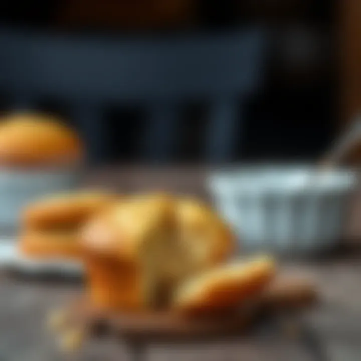 A muffin with a golden crust and soft interior displayed on a rustic table