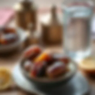 Dates and Water for Iftar Close-up of a delicious serving of dates and water for iftar