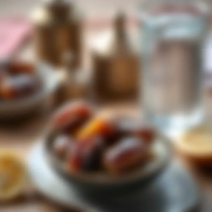 Dates and Water for Iftar Close-up of a delicious serving of dates and water for iftar