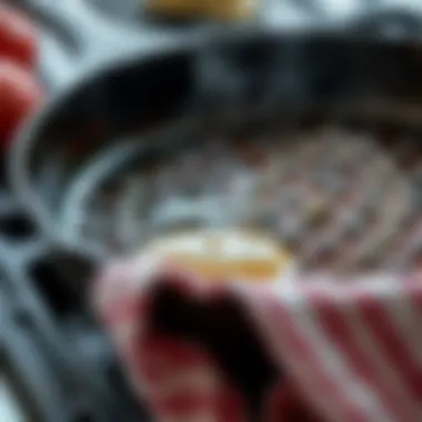 Maintenance of a cast iron grill pan with oil and cloth