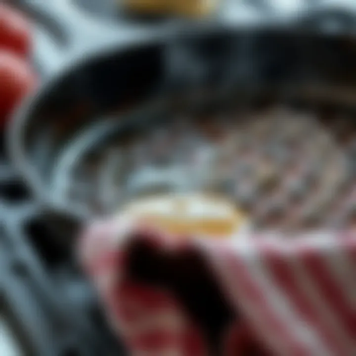 Maintenance of a cast iron grill pan with oil and cloth