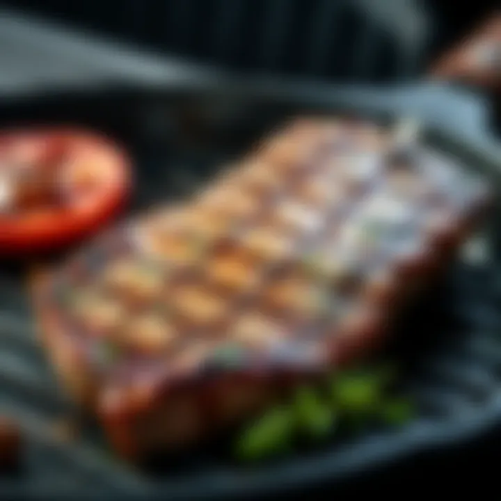 Close-up of a perfectly seared steak on a cast iron grill pan