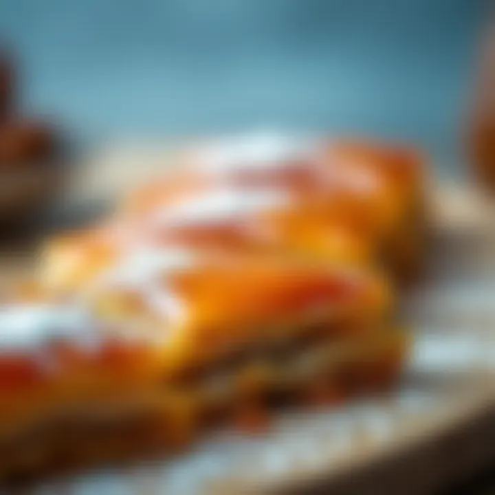 A close-up of the golden-brown surface of freshly baked baklava