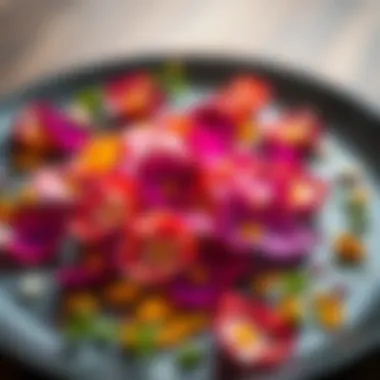 A close-up of colorful edible flower petals on a gourmet plate