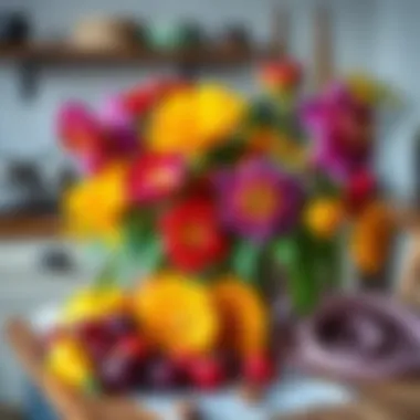 Vibrant Edible Fruit Flowers A vibrant display of edible fruit flowers in a rustic kitchen setting