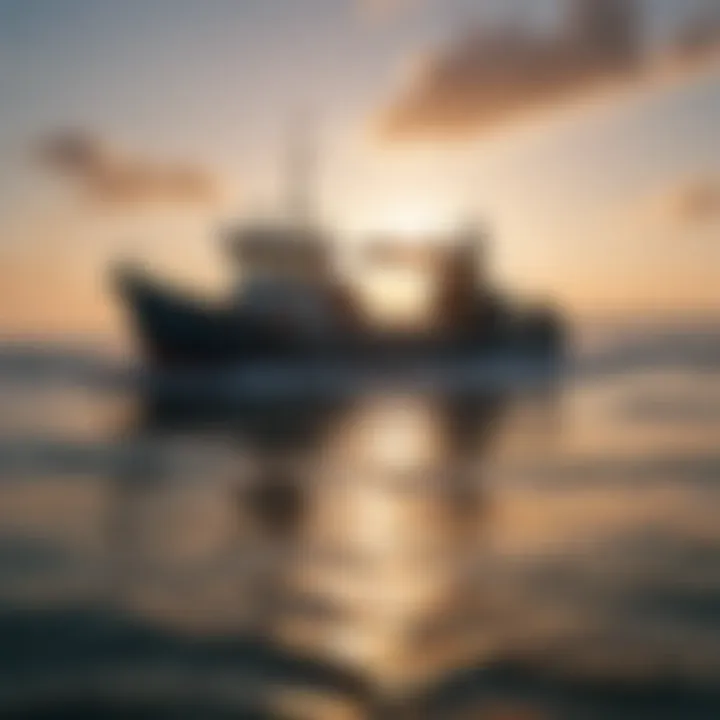 A pristine ocean view showcasing a fishing boat at sunrise