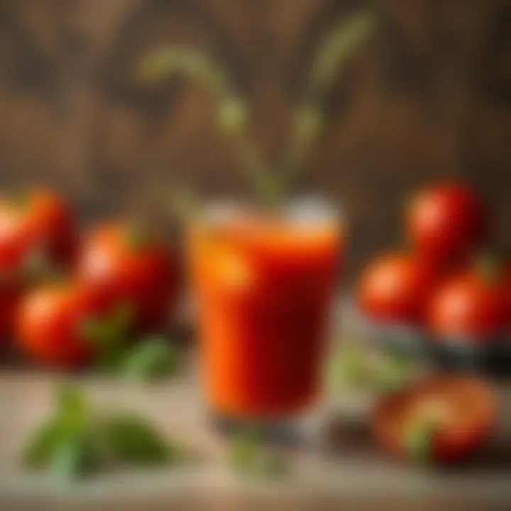 Tomato juice in a glass with fresh herbs