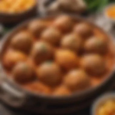 A close-up of the golden-brown baked meatballs in a rustic dish.