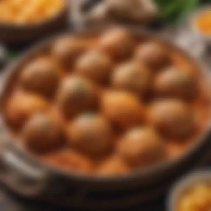 A close-up of the golden-brown baked meatballs in a rustic dish.