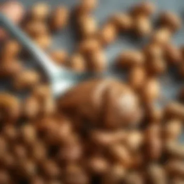 Spoonful of Fitnut chocolate peanut butter with a background of scattered peanuts