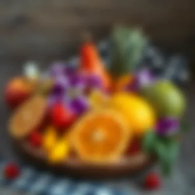 Artful Arrangement of Fruit and Edible Flowers An assortment of fresh fruit and edible flowers creatively arranged on a wooden board
