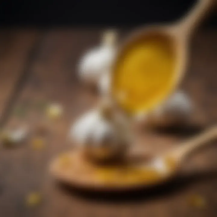 Close-up of garlic oil droplets on a wooden spoon