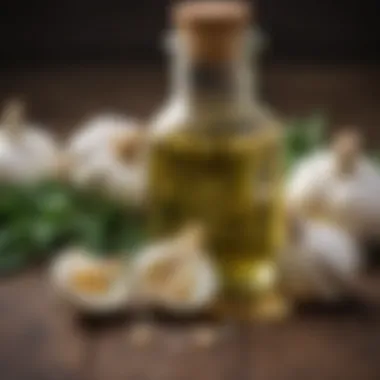 Garlic oil in a glass bottle with fresh garlic cloves