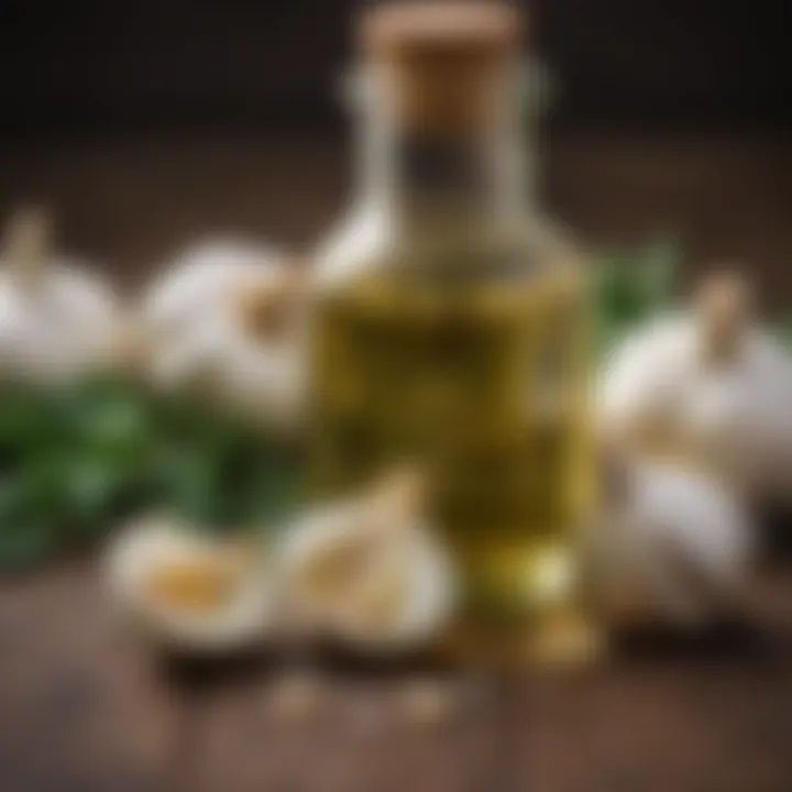 Garlic oil in a glass bottle with fresh garlic cloves