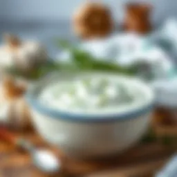 A bowl of garlic yogurt garnished with herbs