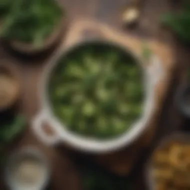 A bowl of baked broccoli garnished with herbs