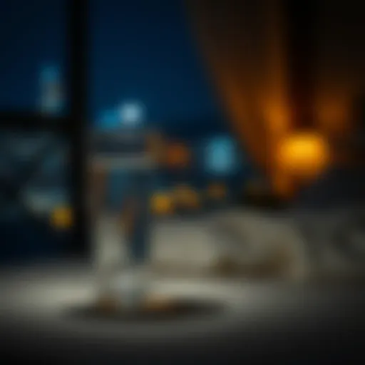 A serene night scene with a glass of water on a bedside table