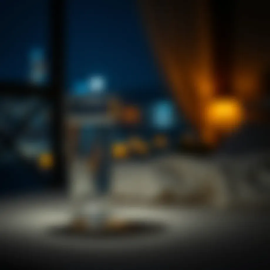 A serene night scene with a glass of water on a bedside table