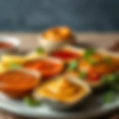 A beautifully arranged plate of sauces enhanced with ginger sugar.