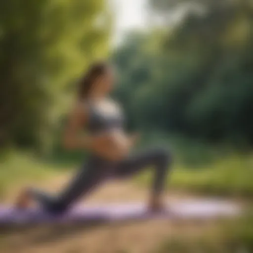 A pregnant individual engaging in yoga outdoors