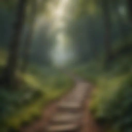 A serene landscape showcasing a path leading through a dense forest, symbolizing life's journey.