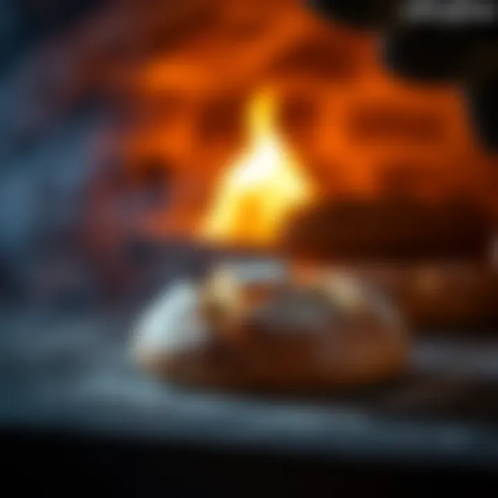 Freshly baked bread emerging from the stone oven, highlighting its efficiency
