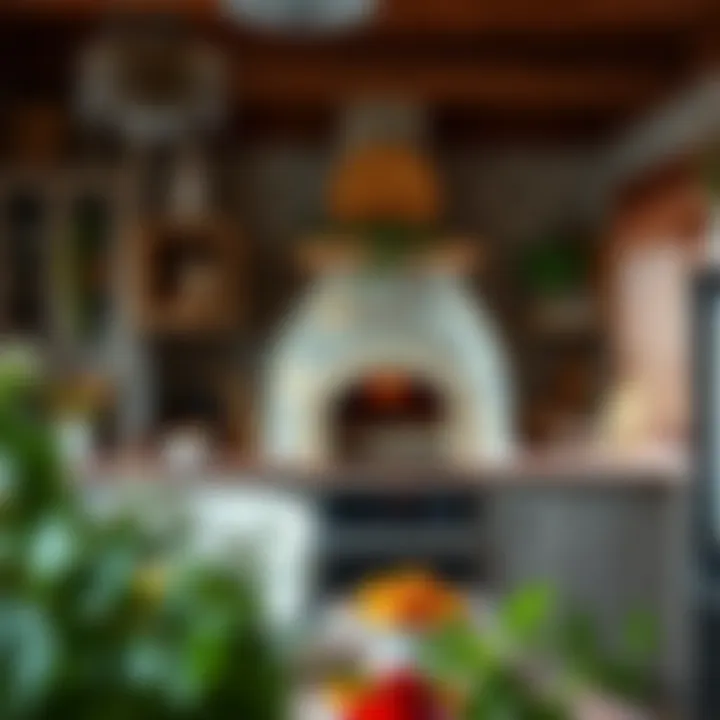 A beautifully arranged kitchen featuring a stone oven as the centerpiece