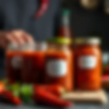 Artisan Chili Sauce Crafting A vibrant display of homemade chili sauce in jars
