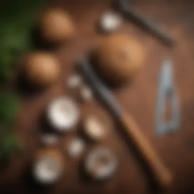 Various tools laid out for coconut opening